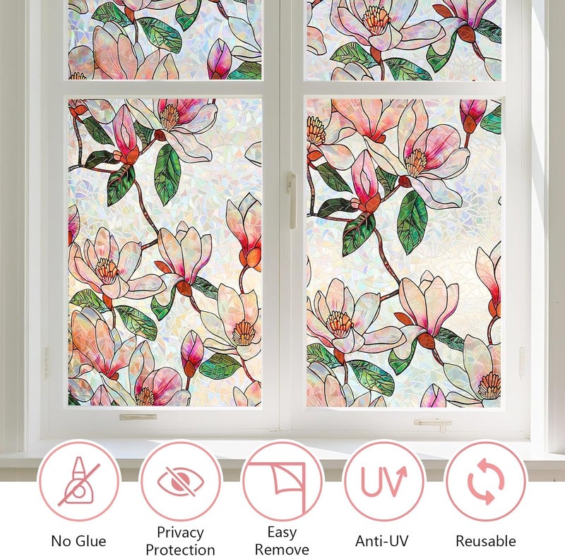Kromapolis Window Privacy Film, Stained Glass Sticker Floral Window Clings, Decorative Static Clings UV Blocking Colorful Decals, Removable Vinyl Covering Rainbow Magnolia Flowers, 17.5'' x 157.4'' - Image 4
